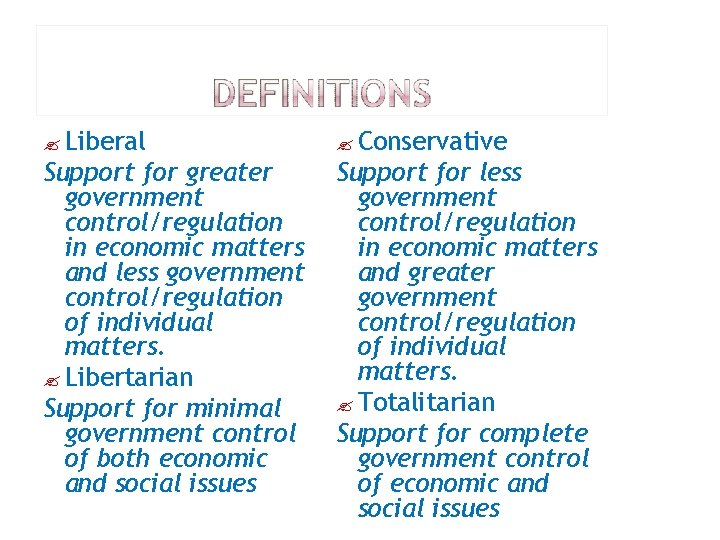 ? Liberal ? Conservative Support for greater government control/regulation in economic matters and less