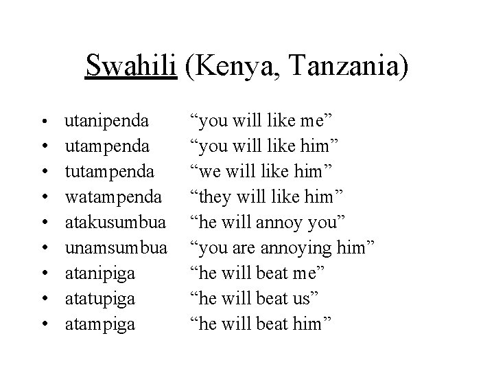 Swahili (Kenya, Tanzania) • utanipenda • • utampenda tutampenda watampenda atakusumbua unamsumbua atanipiga atatupiga