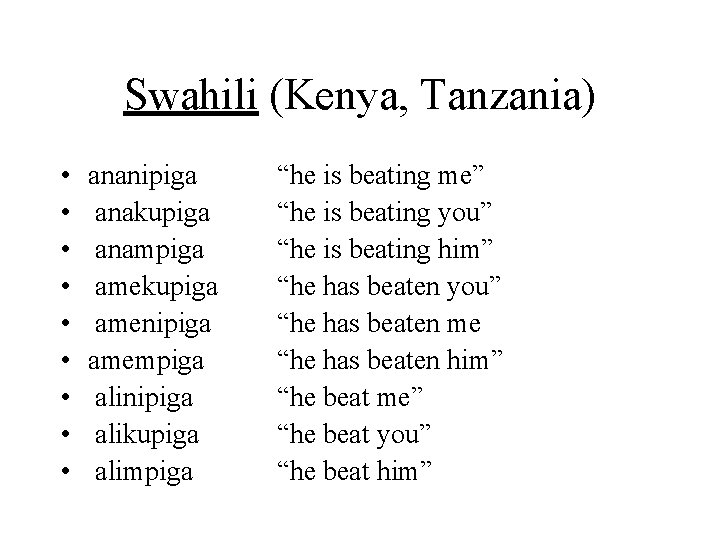 Swahili (Kenya, Tanzania) • • • ananipiga anakupiga anampiga amekupiga amenipiga amempiga alinipiga alikupiga