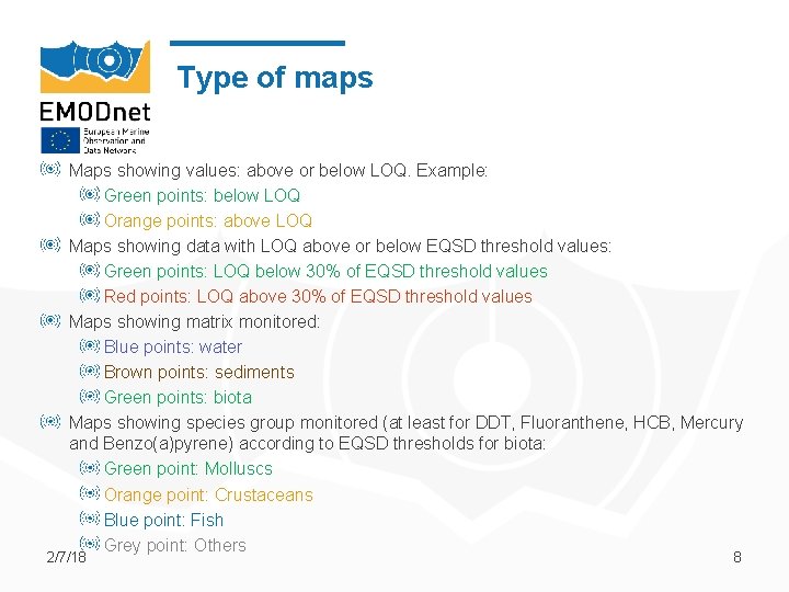 Type of maps Maps showing values: above or below LOQ. Example: Green points: below