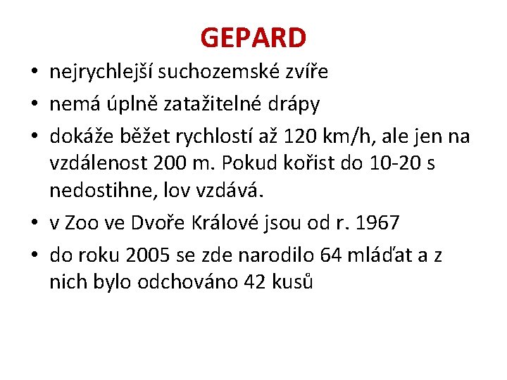 GEPARD • nejrychlejší suchozemské zvíře • nemá úplně zatažitelné drápy • dokáže běžet rychlostí