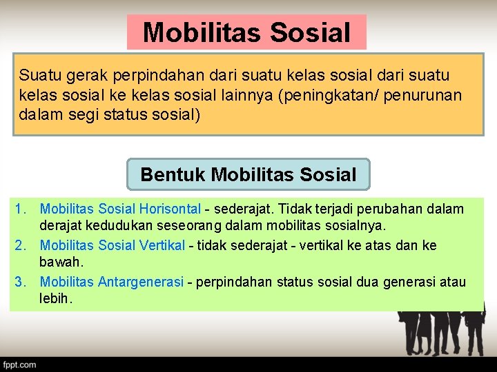 Mobilitas Sosial Suatu gerak perpindahan dari suatu kelas sosial ke kelas sosial lainnya (peningkatan/