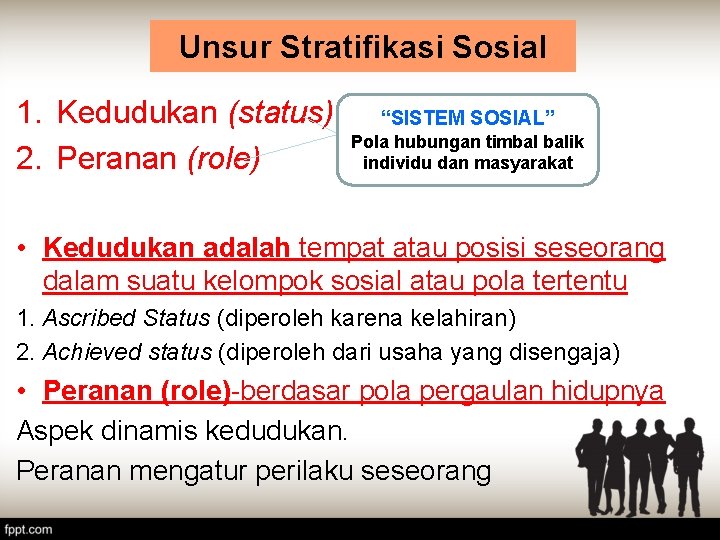 Unsur Stratifikasi Sosial 1. Kedudukan (status) 2. Peranan (role) “SISTEM SOSIAL” Pola hubungan timbal