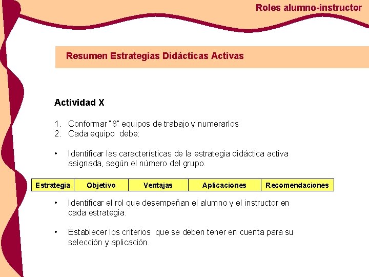 Roles alumno-instructor Resumen Estrategias Didácticas Actividad X 1. Conformar “ 8” equipos de trabajo