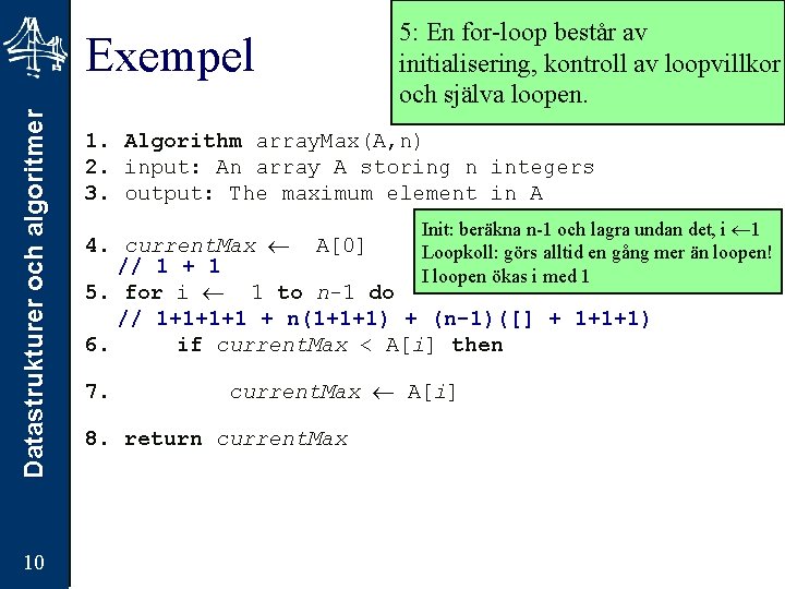 Datastrukturer och algoritmer Exempel 10 5: En for-loop består av initialisering, kontroll av loopvillkor