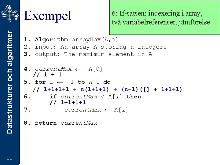 Datastrukturer och algoritmer Exempel 11 6: If-satsen: indexering i array, två variabelreferenser, jämförelse 1.