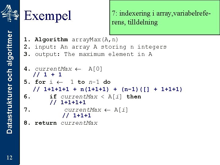 Datastrukturer och algoritmer Exempel 12 7: indexering i array, variabelreferens, tilldelning 1. Algorithm array.