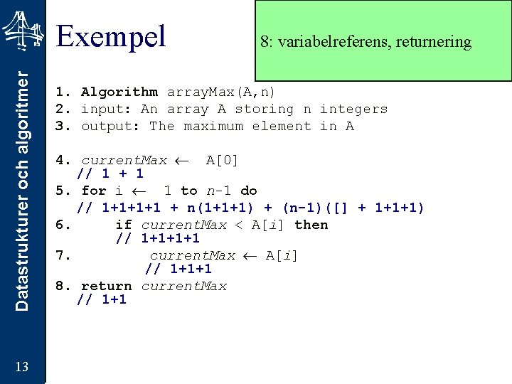 Datastrukturer och algoritmer Exempel 13 8: variabelreferens, returnering 1. Algorithm array. Max(A, n) 2.