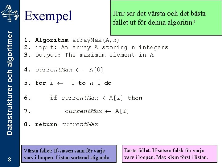 Datastrukturer och algoritmer Exempel 8 Hur ser det värsta och det bästa fallet ut