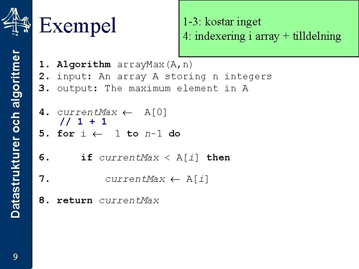 Datastrukturer och algoritmer Exempel 9 1 -3: kostar inget 4: indexering i array +