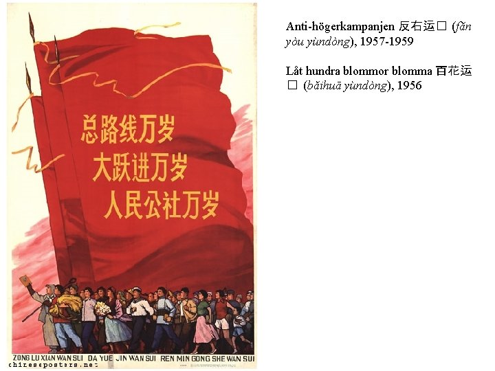 Anti-högerkampanjen 反右运� (fǎn yòu yùndòng), 1957 -1959 Låt hundra blommor blomma 百花运 � (bǎihuā