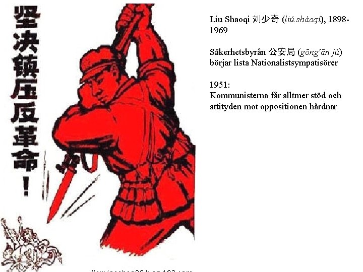 Liu Shaoqi 刘少奇 (liú shàoqí), 18981969 Säkerhetsbyrån 公安局 (gōng'ān jú) börjar lista Nationalistsympatisörer 1951:
