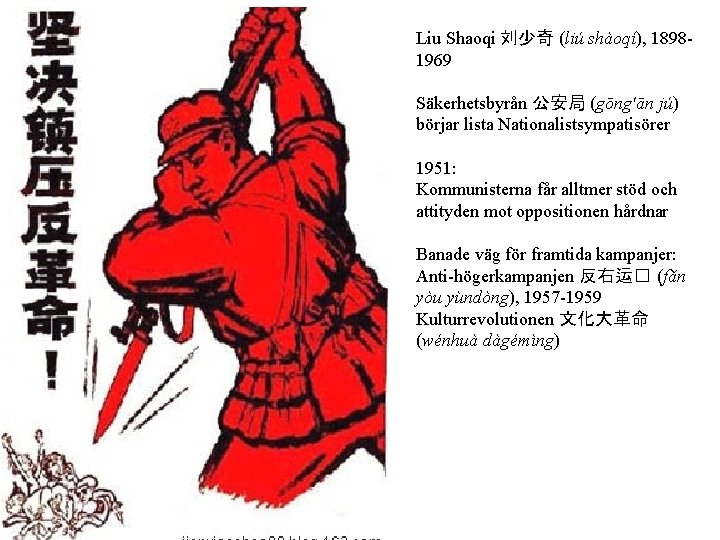 Liu Shaoqi 刘少奇 (liú shàoqí), 18981969 Säkerhetsbyrån 公安局 (gōng'ān jú) börjar lista Nationalistsympatisörer 1951: