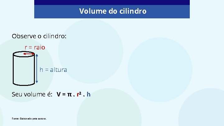 Volume do cilindro Observe o cilindro: r = raio h = altura Seu volume