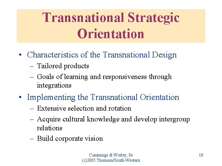 Transnational Strategic Orientation • Characteristics of the Transnational Design – Tailored products – Goals