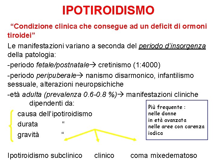 IPOTIROIDISMO “Condizione clinica che consegue ad un deficit di ormoni tiroidei” Le manifestazioni variano