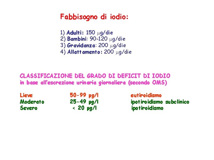 Fabbisogno di iodio: 1) Adulti: 150 g/die 2) Bambini: 90 -120 g/die 3) Gravidanza: