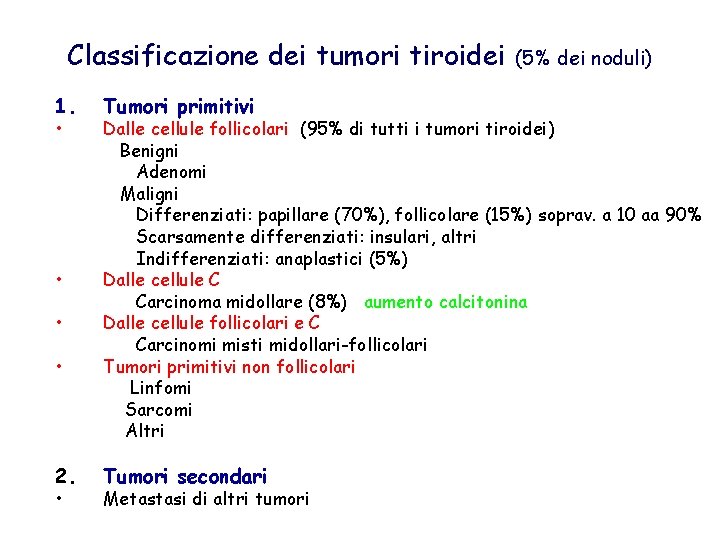 Classificazione dei tumori tiroidei 1. • • 2. • Tumori primitivi (5% dei noduli)