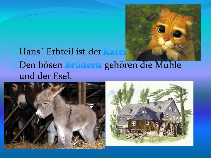 �Hans´ Erbteil ist der Kater �Den bösen Brüdern gehören die Mühle und der Esel.