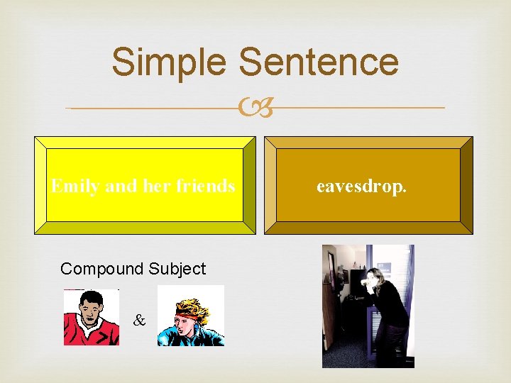 Simple Sentence Emily and her friends Compound Subject & eavesdrop. 