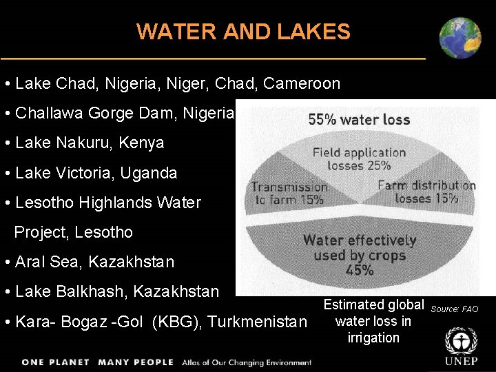 WATER AND LAKES • Lake Chad, Nigeria, Niger, Chad, Cameroon • Challawa Gorge Dam,