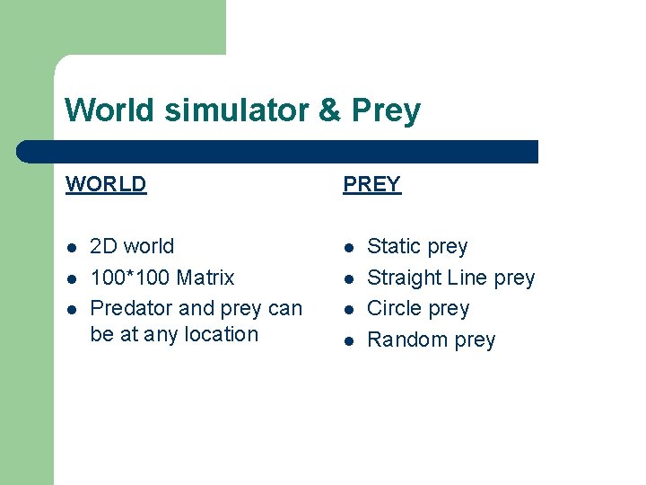 World simulator & Prey WORLD l l l 2 D world 100*100 Matrix Predator