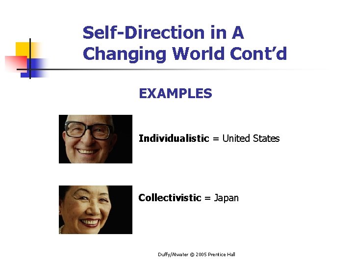 Self-Direction in A Changing World Cont’d EXAMPLES Individualistic = United States Collectivistic = Japan