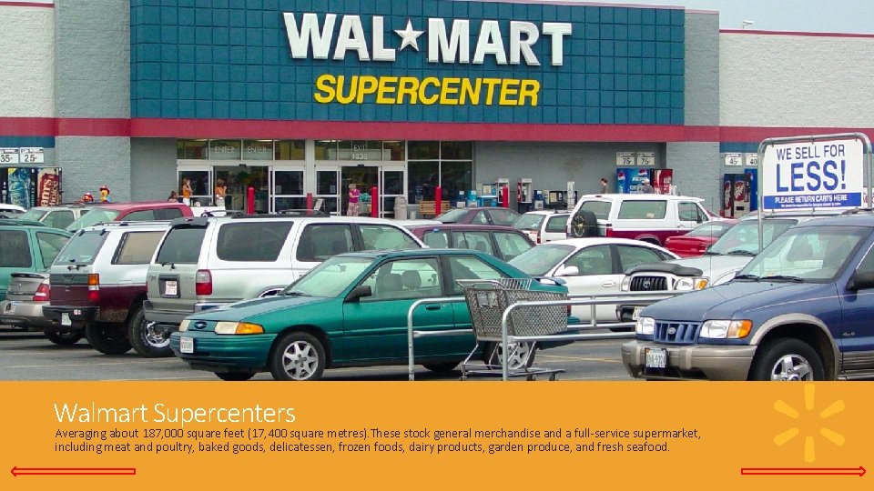 Walmart Supercenters Averaging about 187, 000 square feet (17, 400 square metres). These stock