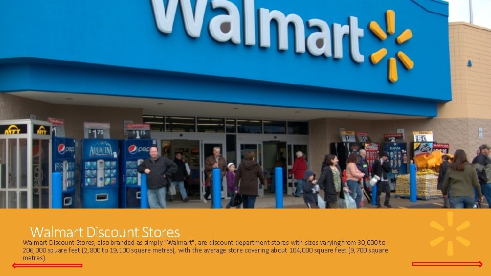 Walmart Discount Stores, also branded as simply "Walmart", are discount department stores with sizes