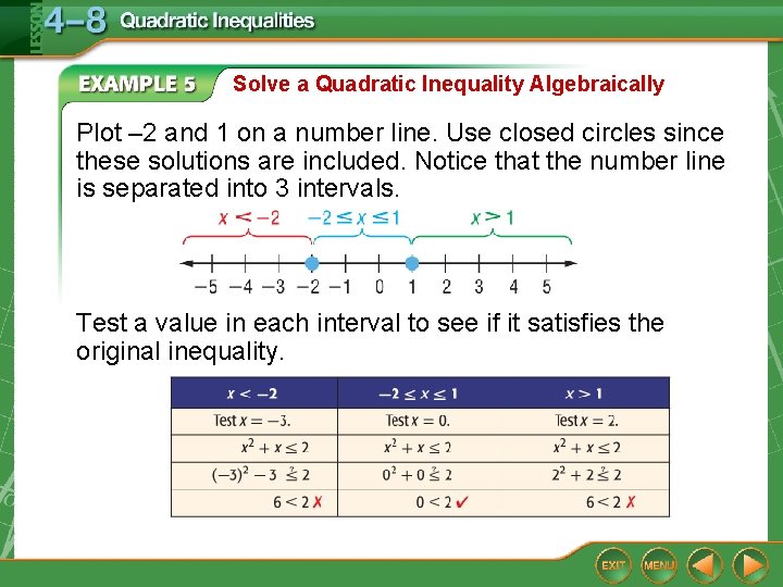 Solve a Quadratic Inequality Algebraically Plot – 2 and 1 on a number line.