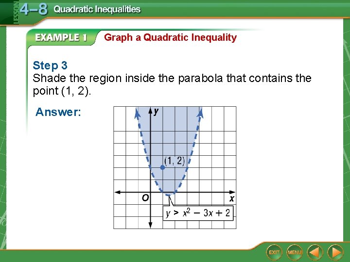 Graph a Quadratic Inequality Step 3 Shade the region inside the parabola that contains