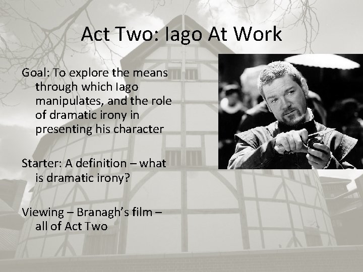 Act Two: Iago At Work Goal: To explore the means through which Iago manipulates,