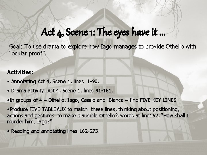 Act 4, Scene 1: The eyes have it. . . Goal: To use drama