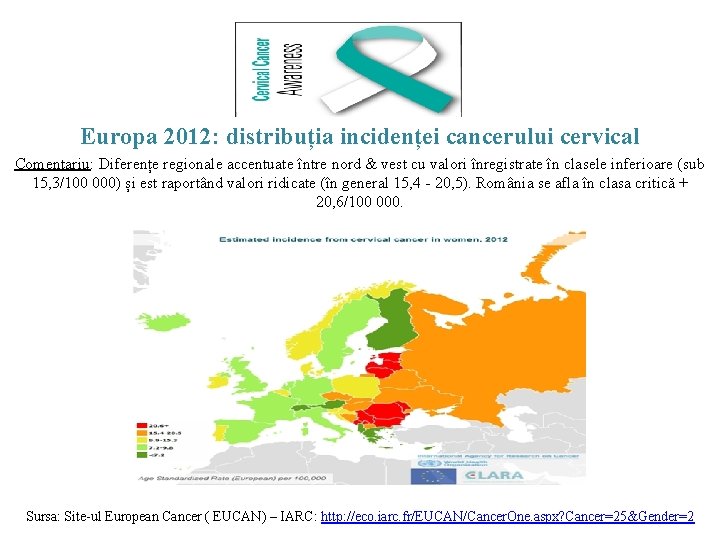 Europa 2012: distribuția incidenței cancerului cervical Comentariu: Diferențe regionale accentuate între nord & vest