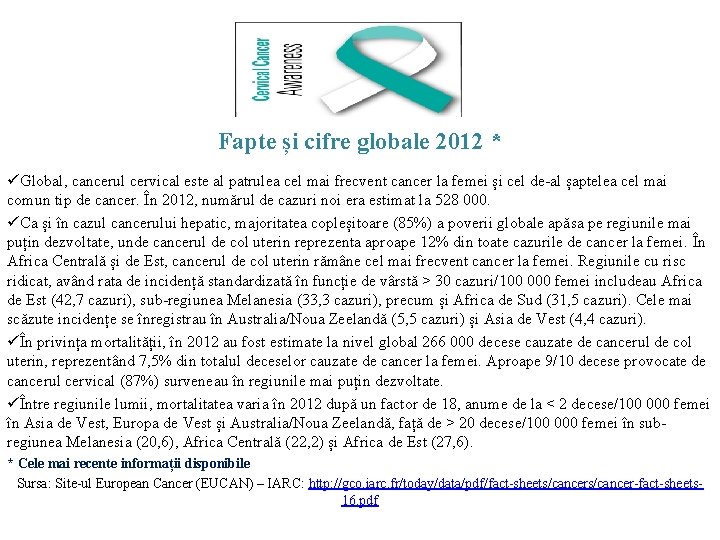 Fapte și cifre globale 2012 * üGlobal, cancerul cervical este al patrulea cel mai