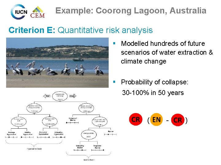 Example: Coorong Lagoon, Australia Criterion E: Quantitative risk analysis § Modelled hundreds of future