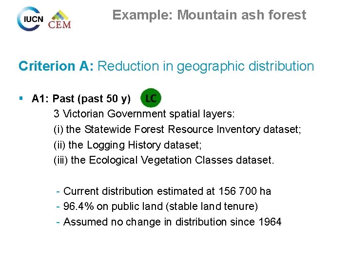 Example: Mountain ash forest Criterion A: Reduction in geographic distribution § A 1: Past
