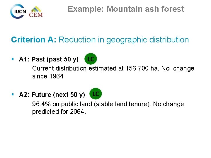 Example: Mountain ash forest Criterion A: Reduction in geographic distribution § A 1: Past