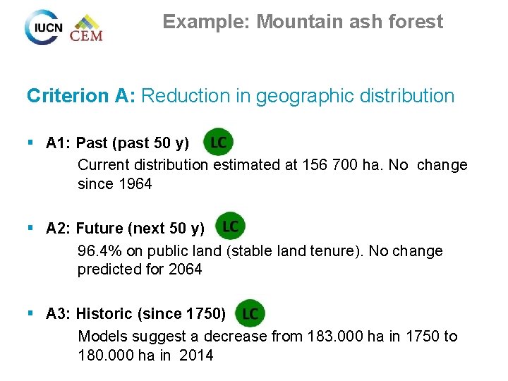 Example: Mountain ash forest Criterion A: Reduction in geographic distribution § A 1: Past