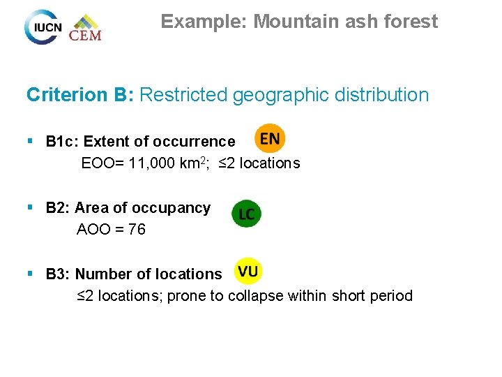 Example: Mountain ash forest Criterion B: Restricted geographic distribution § B 1 c: Extent