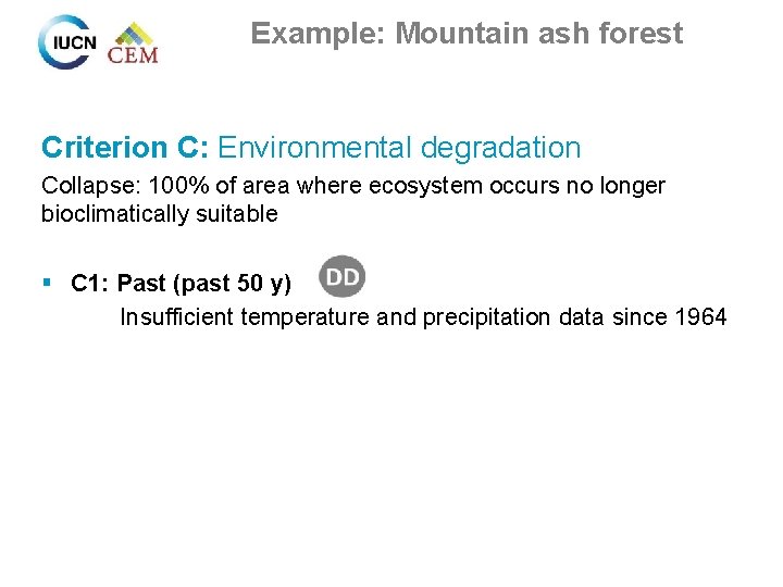 Example: Mountain ash forest Criterion C: Environmental degradation Collapse: 100% of area where ecosystem