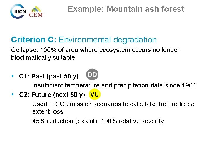 Example: Mountain ash forest Criterion C: Environmental degradation Collapse: 100% of area where ecosystem