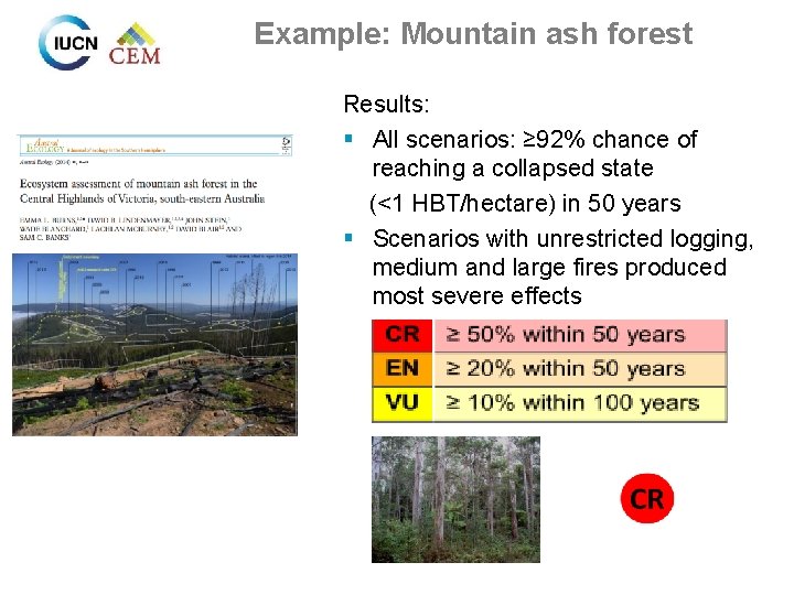 Example: Mountain ash forest Results: § All scenarios: ≥ 92% chance of reaching a