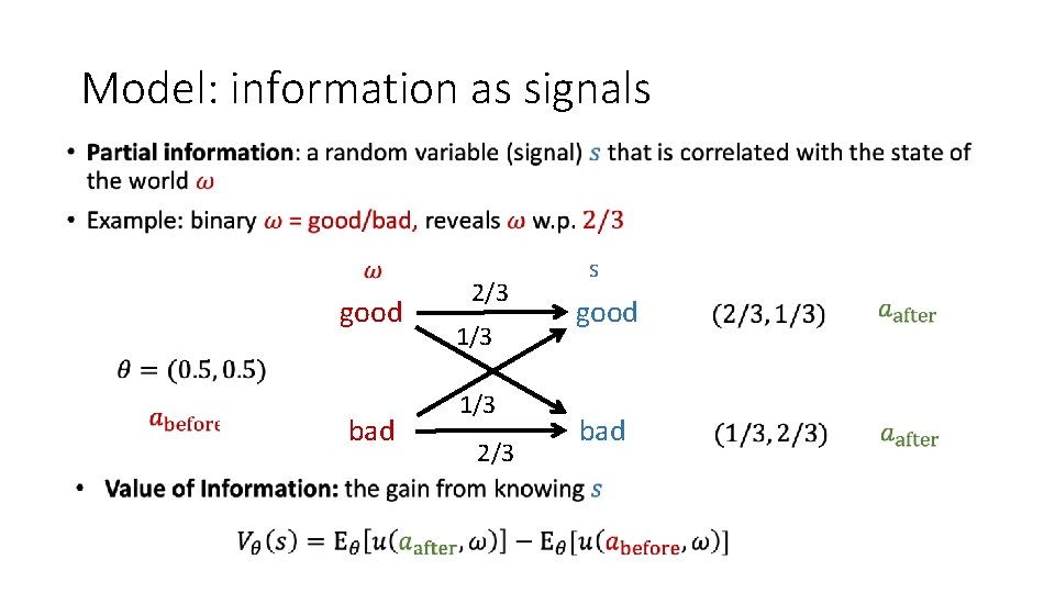 Model: information as signals • good bad 2/3 1/3 2/3 s good bad 