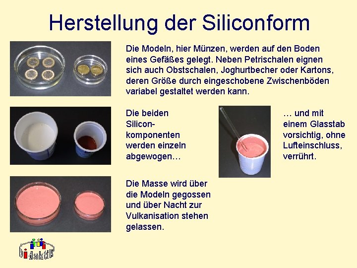 Herstellung der Siliconform Die Modeln, hier Münzen, werden auf den Boden eines Gefäßes gelegt.