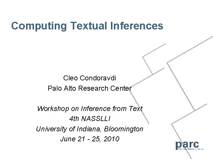 Computing Textual Inferences Cleo Condoravdi Palo Alto Research Center Workshop on Inference from Text