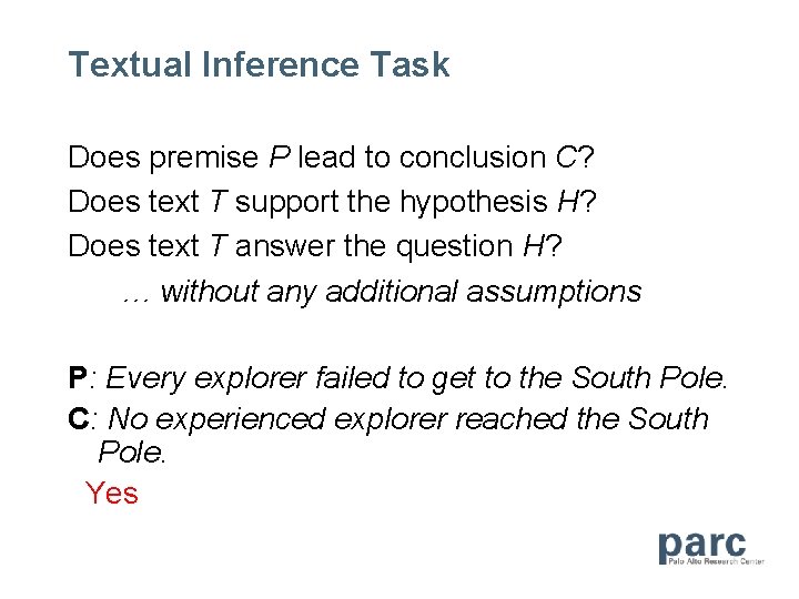 Textual Inference Task Does premise P lead to conclusion C? Does text T support
