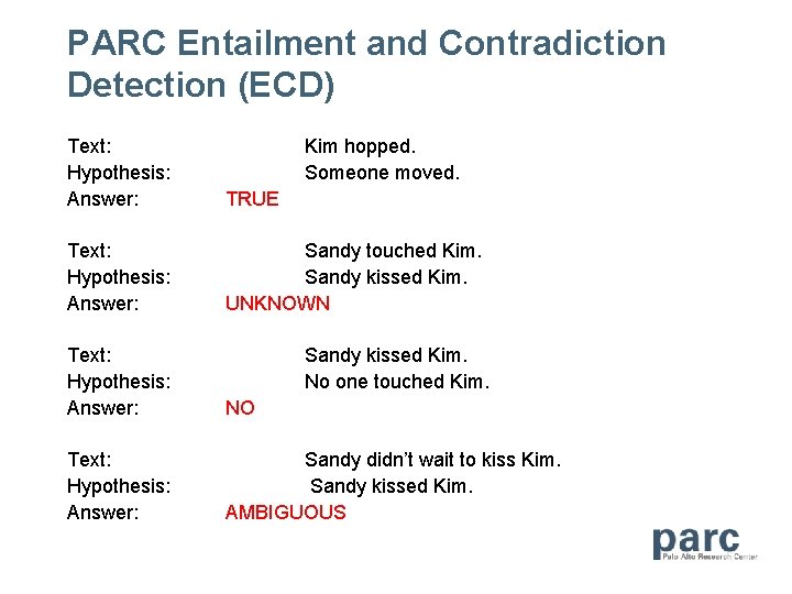 PARC Entailment and Contradiction Detection (ECD) Text: Hypothesis: Answer: Kim hopped. Someone moved. TRUE