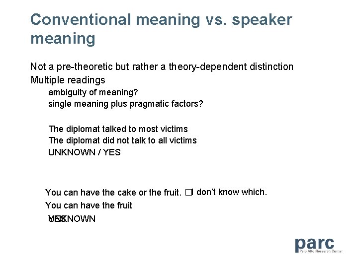 Conventional meaning vs. speaker meaning Not a pre-theoretic but rather a theory-dependent distinction Multiple