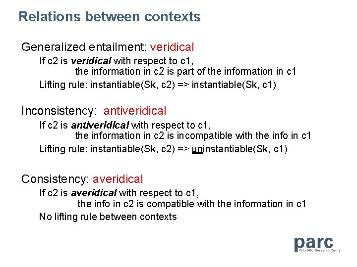 Relations between contexts Generalized entailment: veridical If c 2 is veridical with respect to